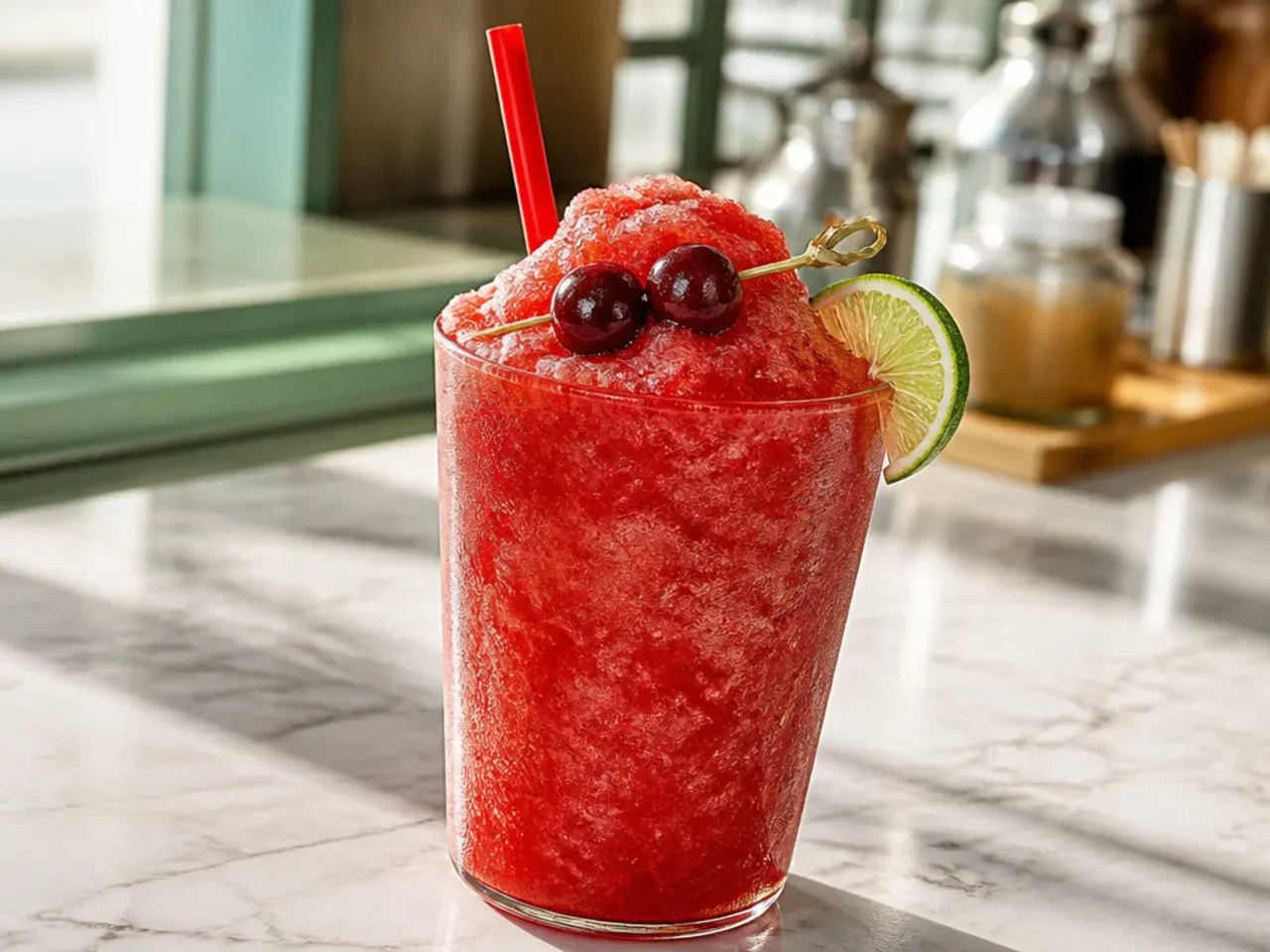 Frozen diet cherry limeade slush in a cup with a lime wedge and cherry on top
