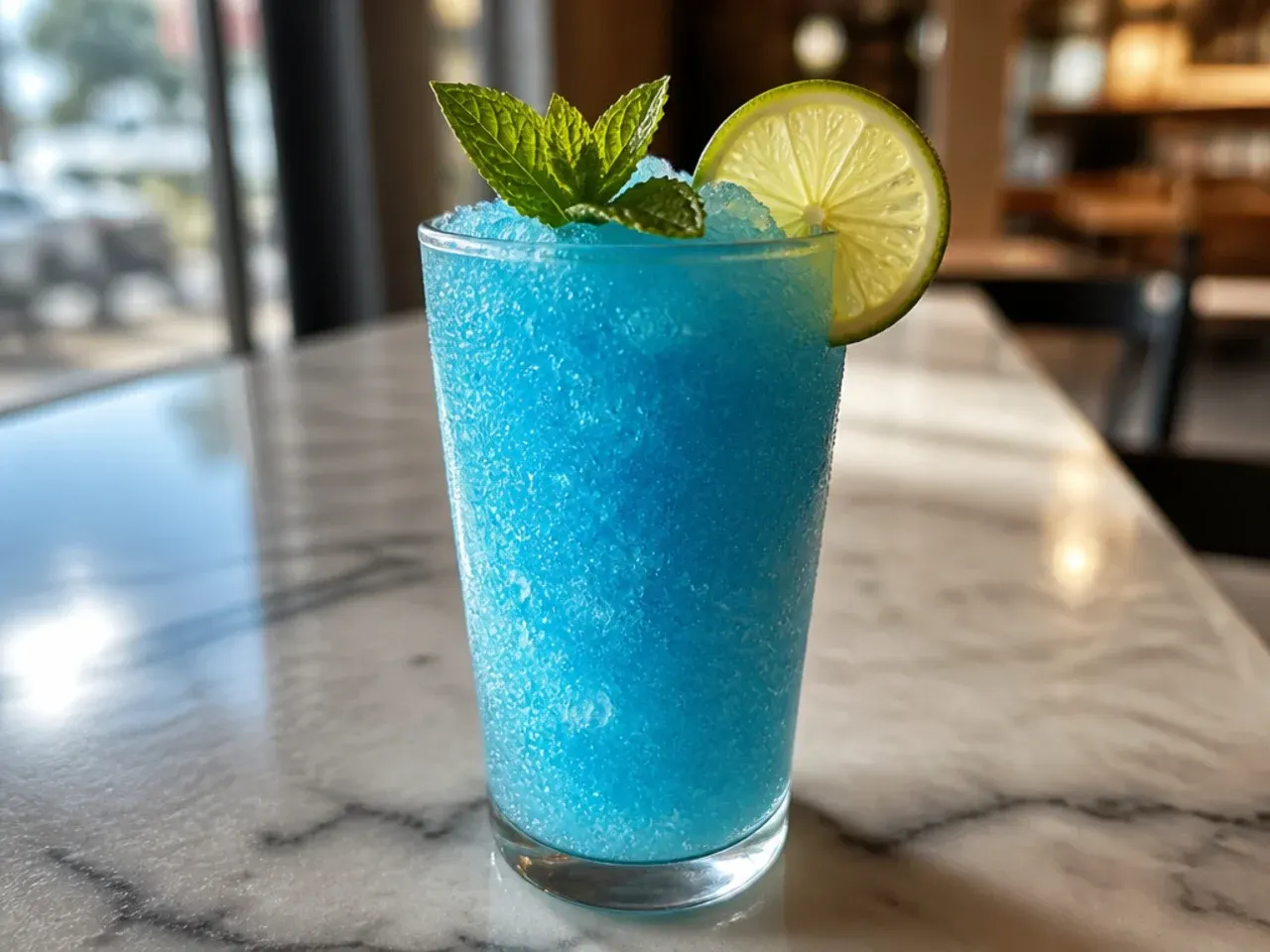 Blue Powerade slush in a cup with a straw, condensation visible on the glass