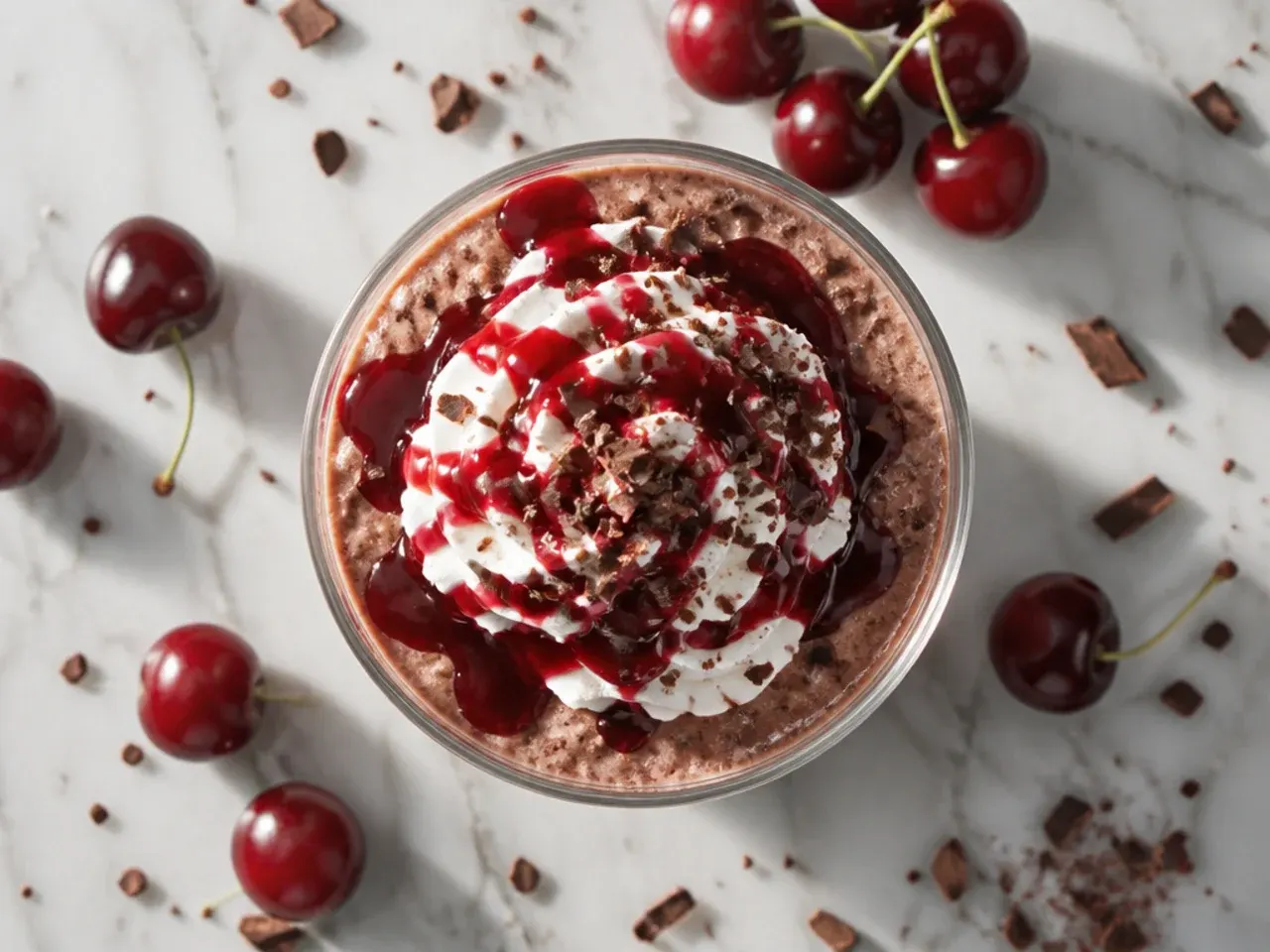 Dark cherry chocolate cream slush topped with a maraschino cherry in a glass