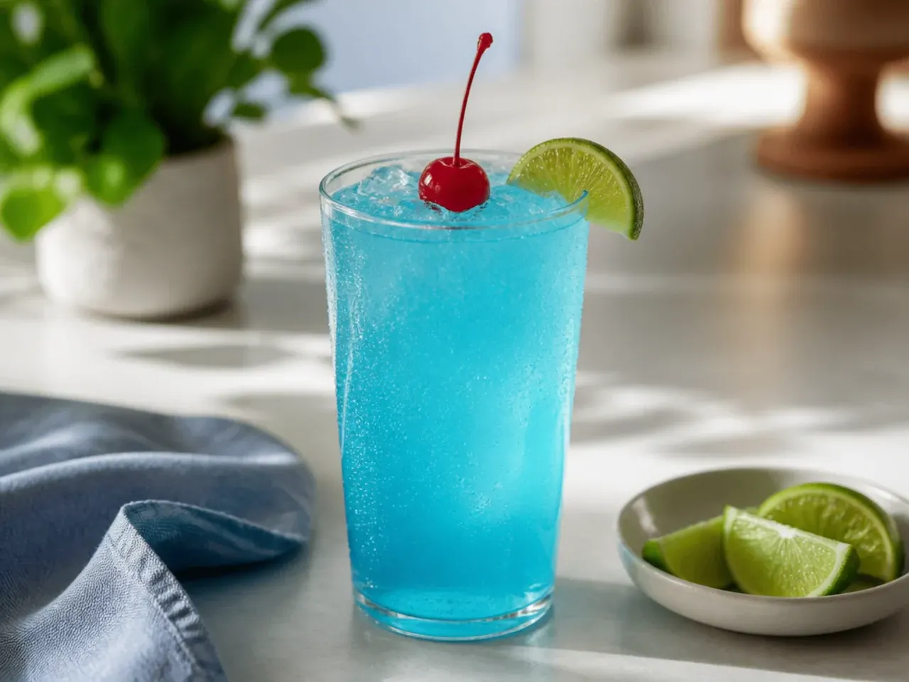 Assortment of garnishes including cherries, lime wedges and mint sprigs beside finished drinks