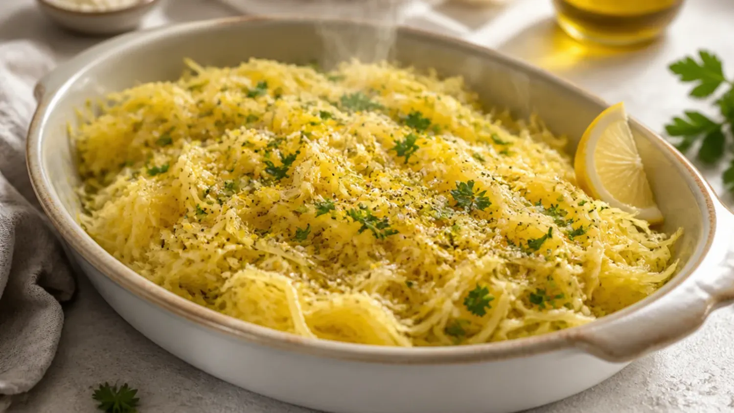 A halved roasted spaghetti squash filled with golden strands, melted mozzarella and marinara sauce, garnished with fresh basil.