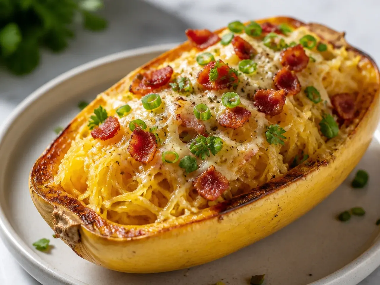 Golden roasted spaghetti squash strands piled in a wooden bowl next to a whole squash and fresh herbs.