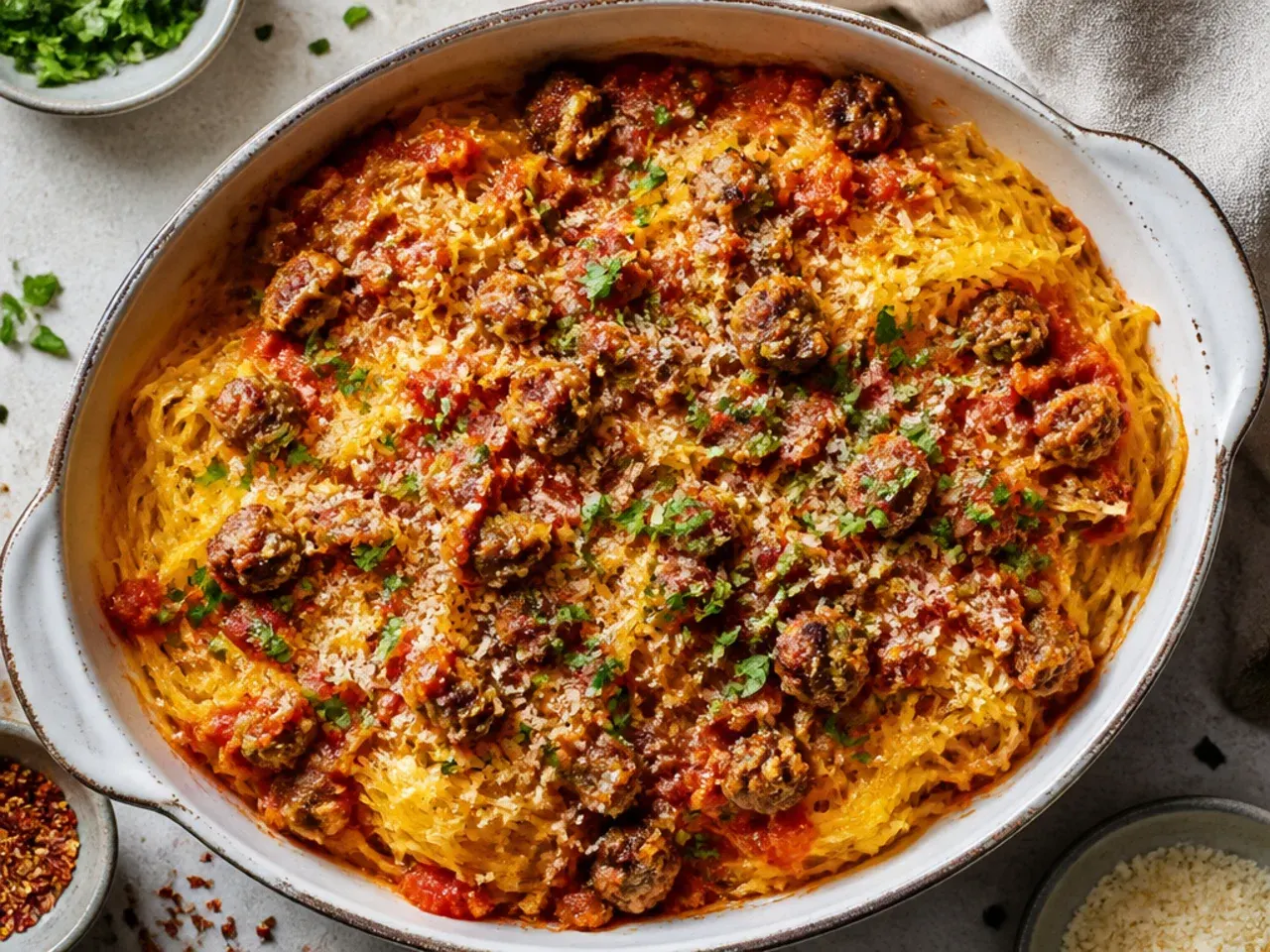 Baked spaghetti squash halves filled with sausage marinara sauce and bubbling melted mozzarella cheese.