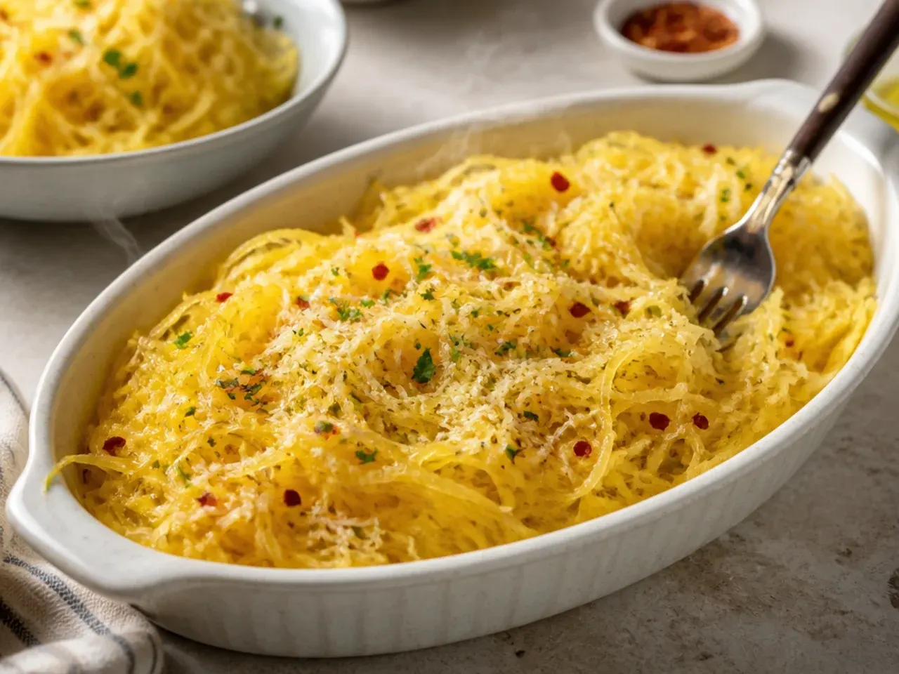 Spaghetti squash strands glistening with garlic butter and grated Parmesan in the roasted squash shell.