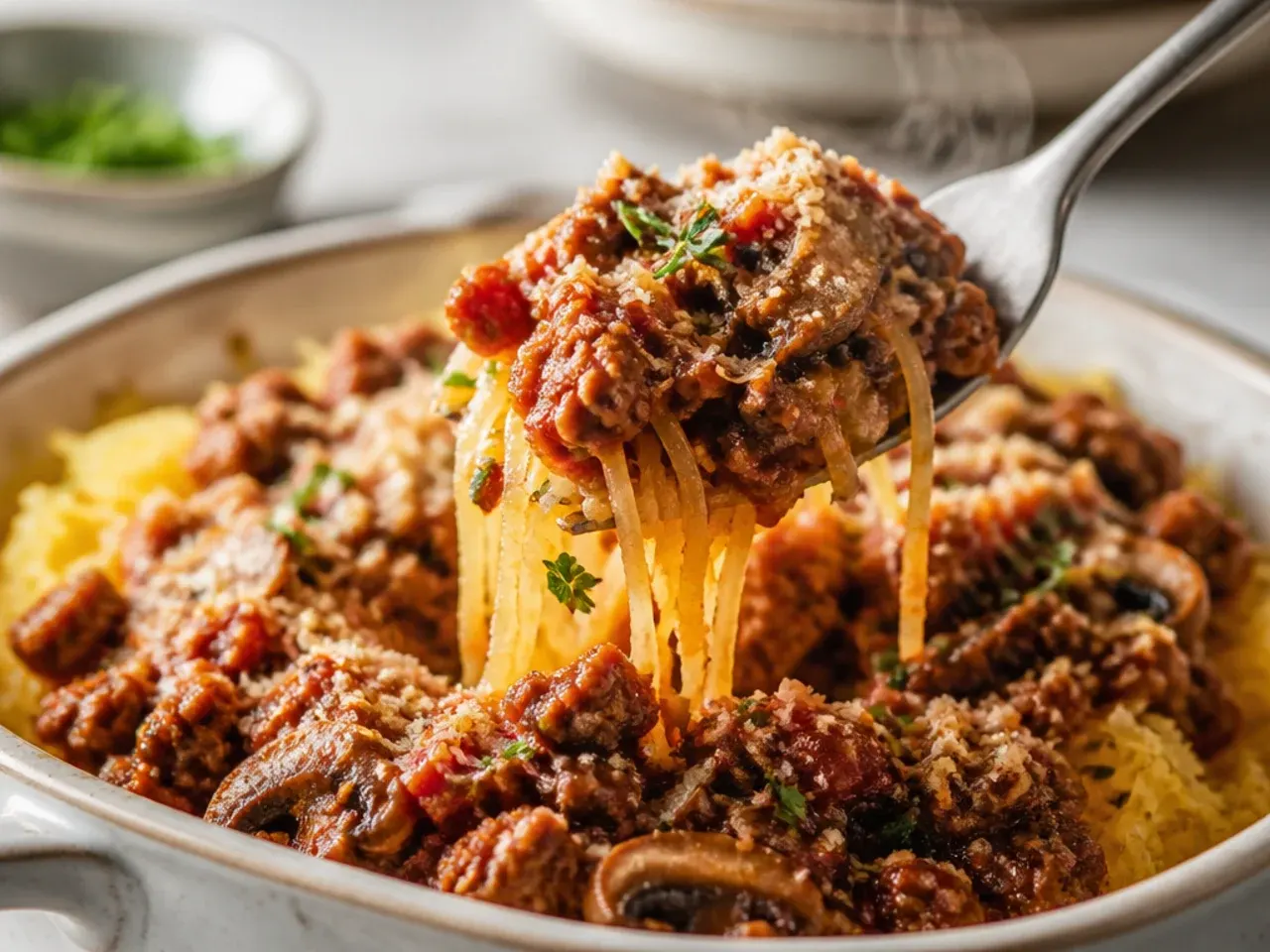 Bowl of spaghetti squash noodles topped with thick beef and mushroom bolognese sauce.