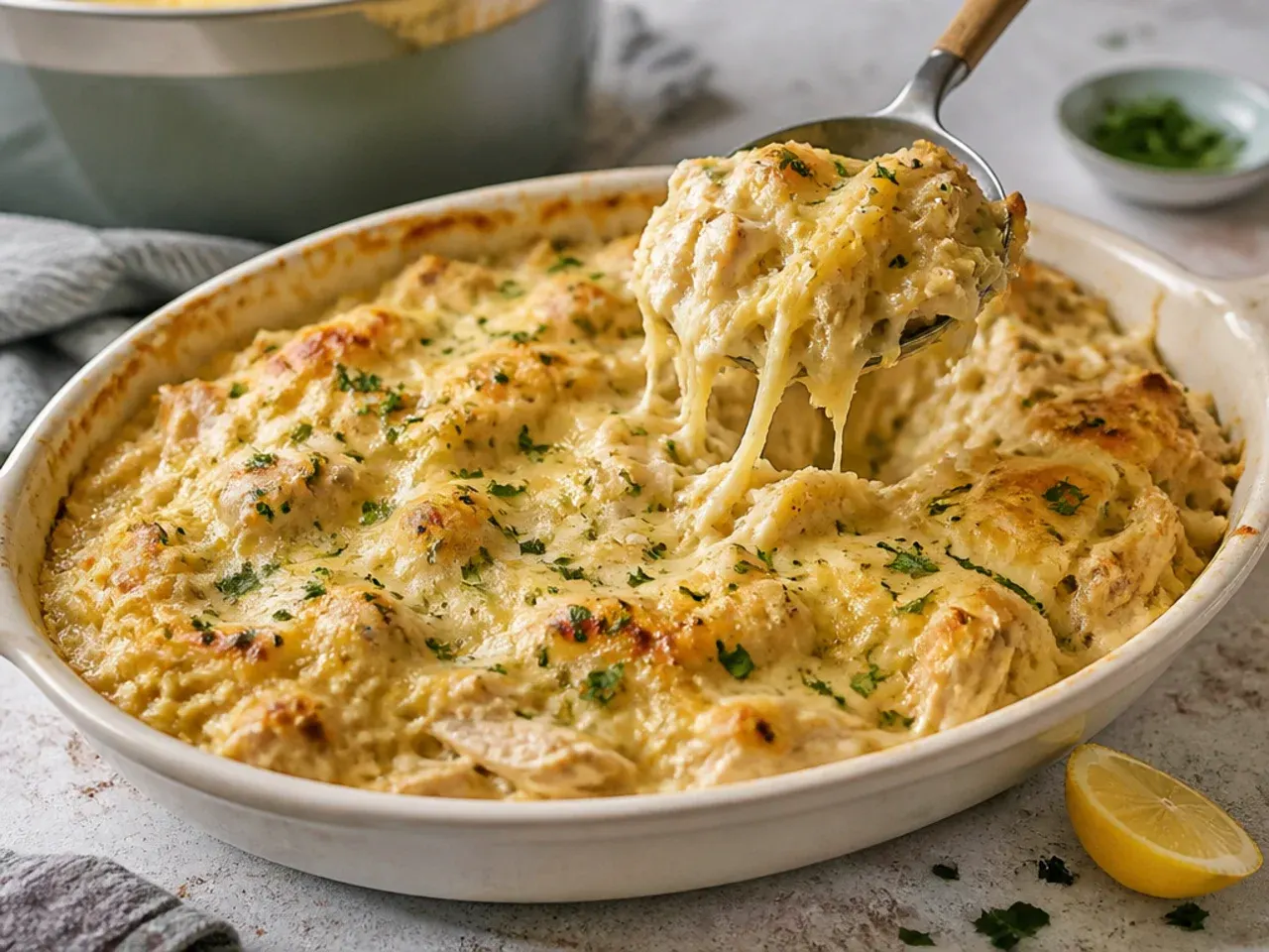 Creamy chicken Alfredo spaghetti squash bake with spinach in a white baking dish.