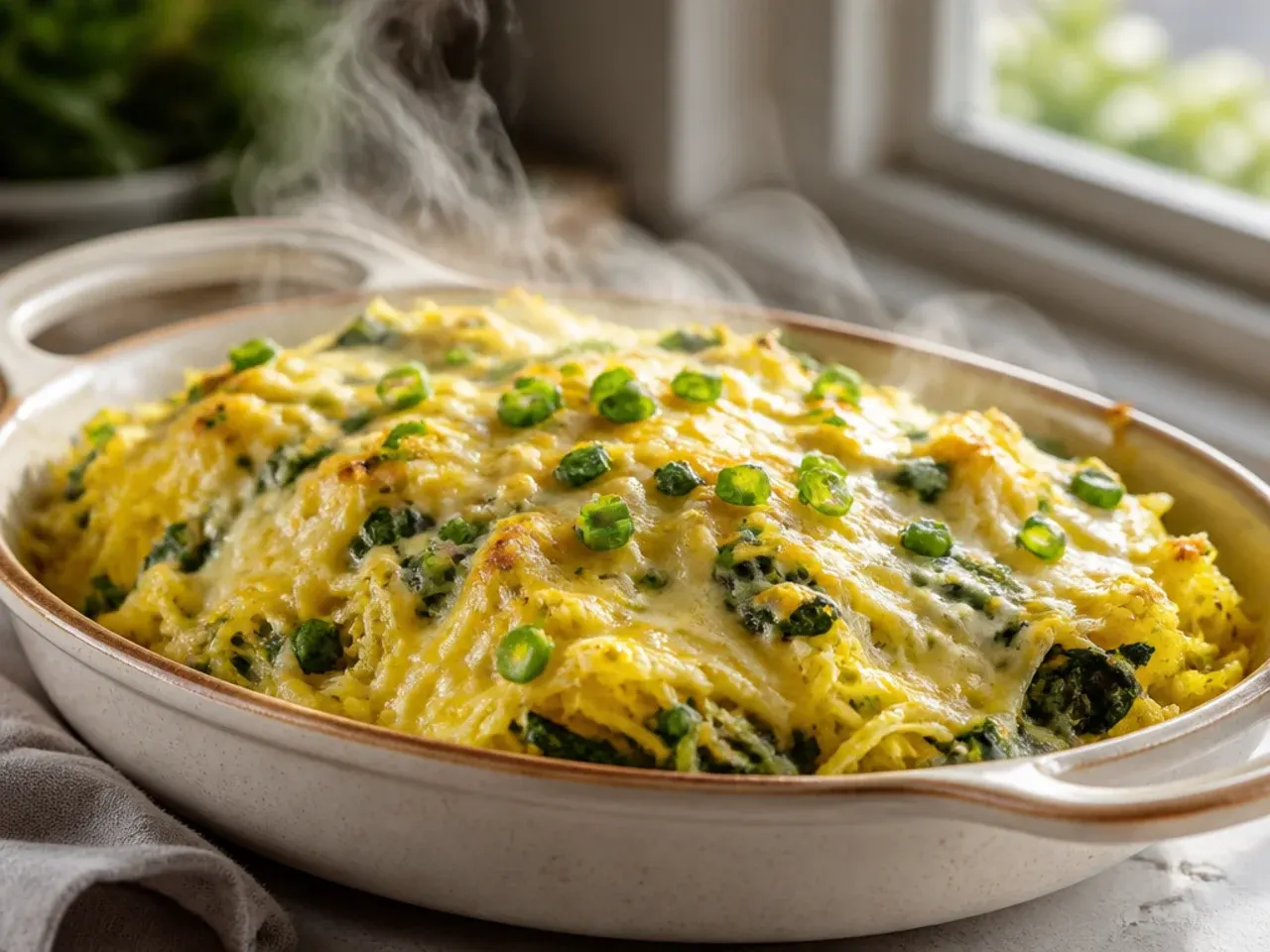 Creamy spinach and cream cheese spaghetti squash strands twirled on a fork.