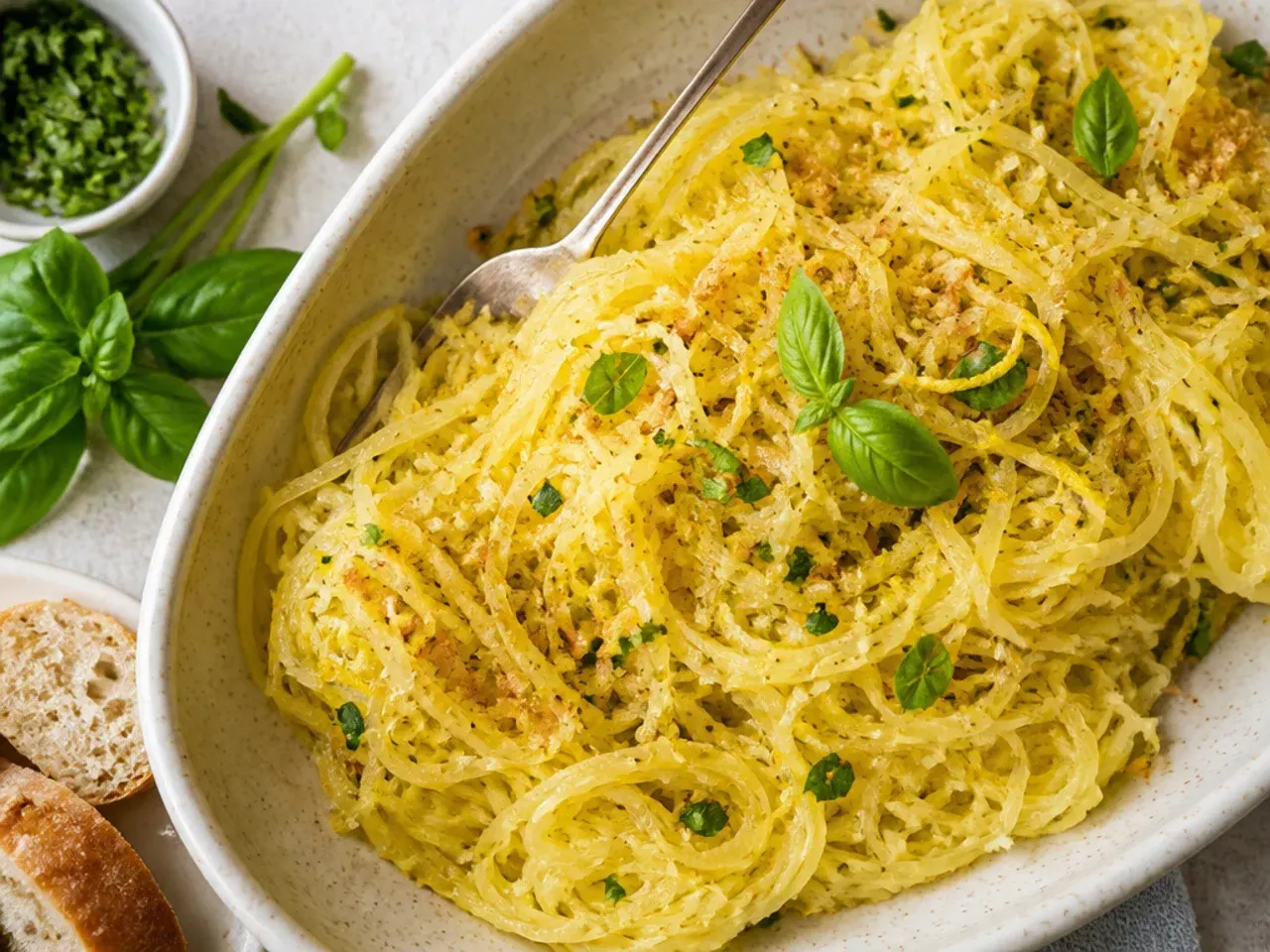 Lemon herb butter spaghetti squash strands garnished with parsley and lemon wedges.