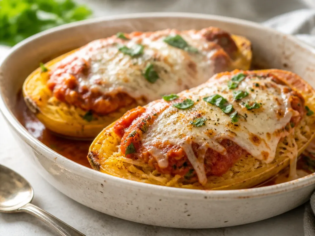 Spaghetti squash boat filled with chicken parmesan, marinara and melted cheese.