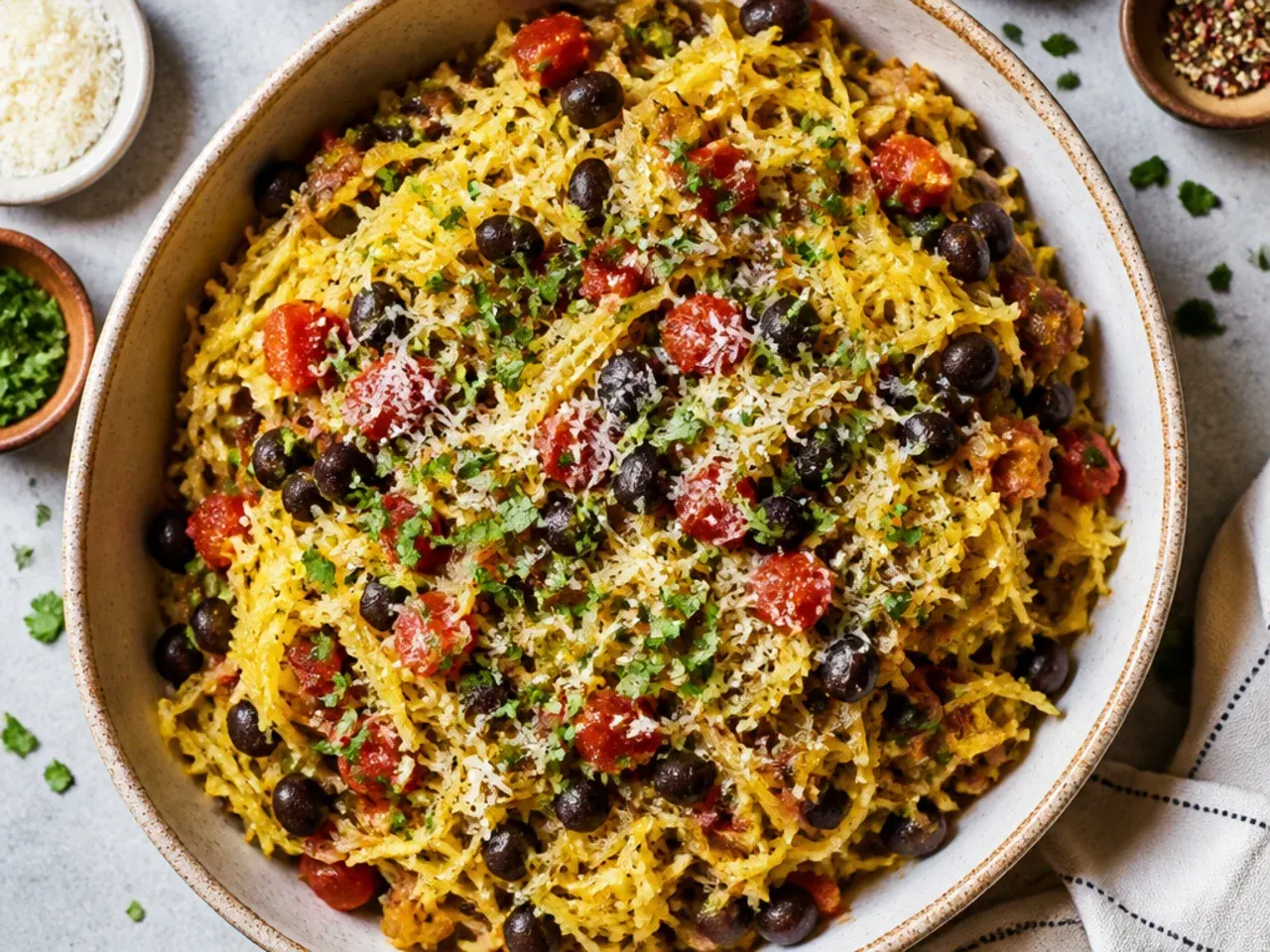 Spaghetti squash topped with black beans, salsa, cheddar and soured cream.