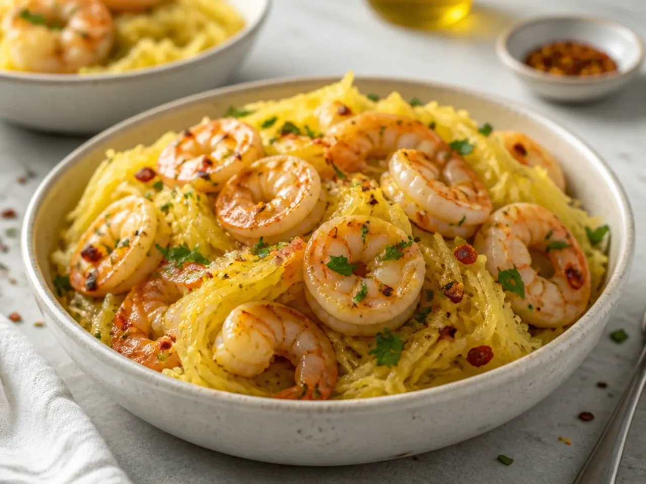 Garlic shrimp tossed with spaghetti squash noodles in a skillet.