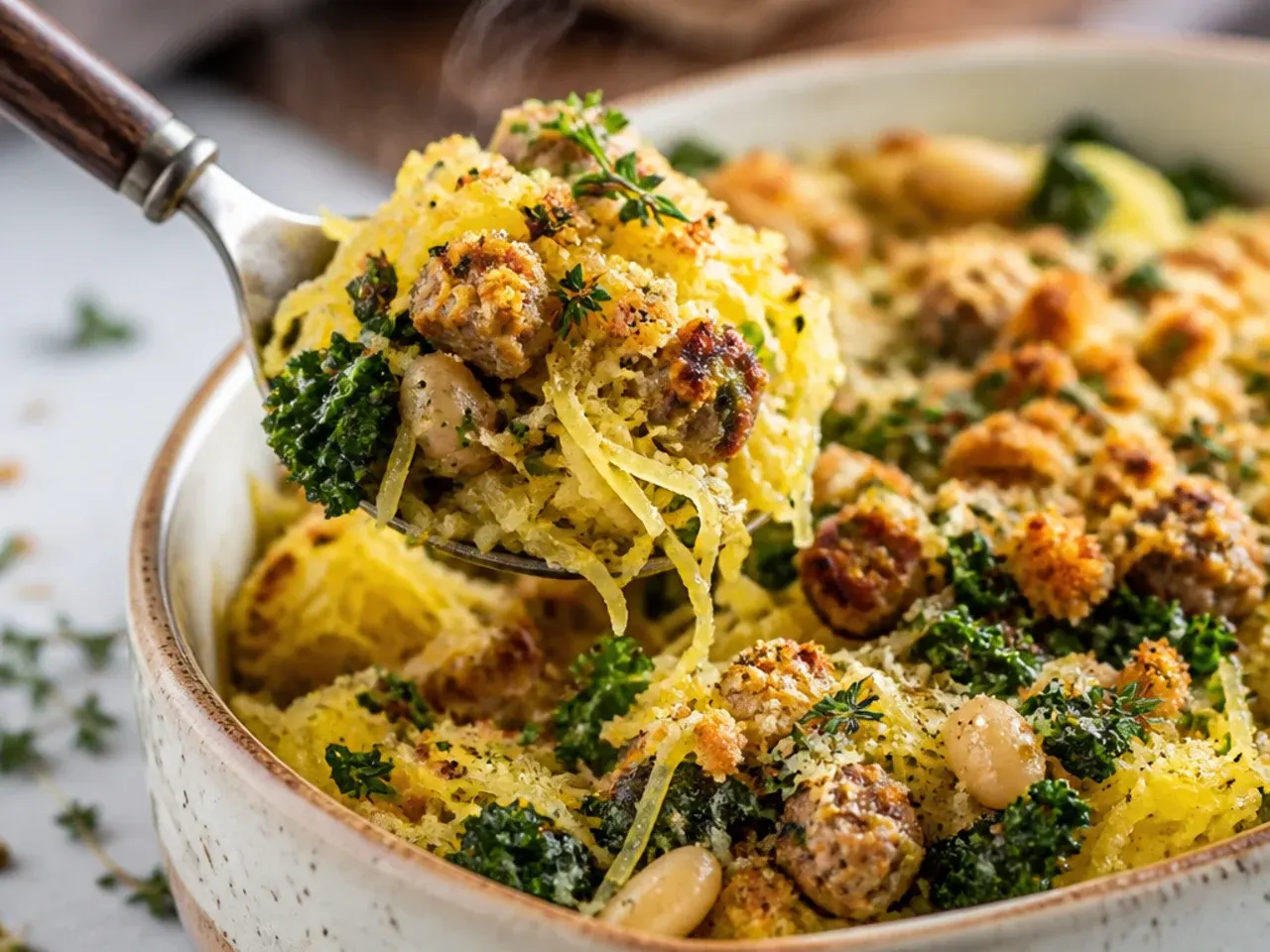 Rustic spaghetti squash with sausage, kale and white beans in a cast iron skillet.