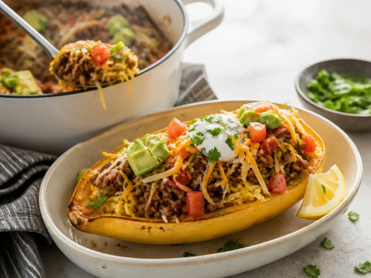 Taco-style spaghetti squash boat loaded with beef, cheddar, tomato and soured cream.