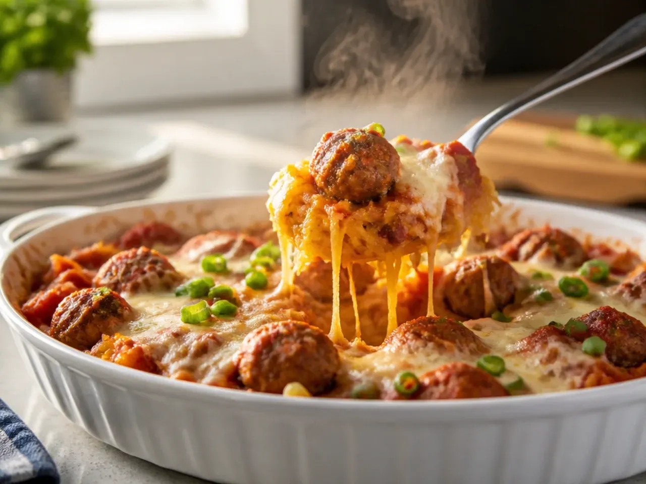 Cheesy baked spaghetti squash topped with meatballs and marinara sauce.
