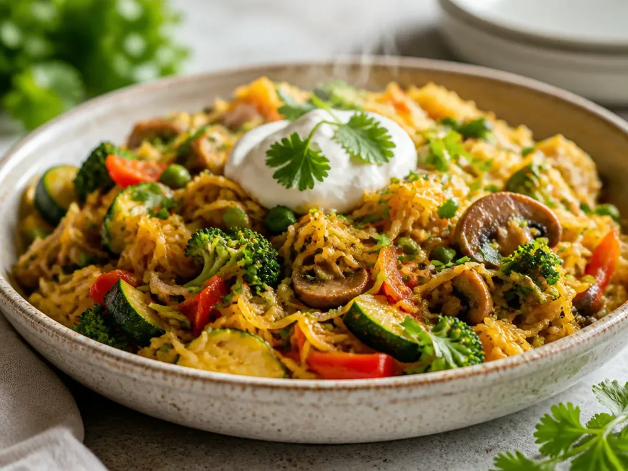 One-pot spaghetti squash primavera with courgette, bell pepper and cherry tomatoes.