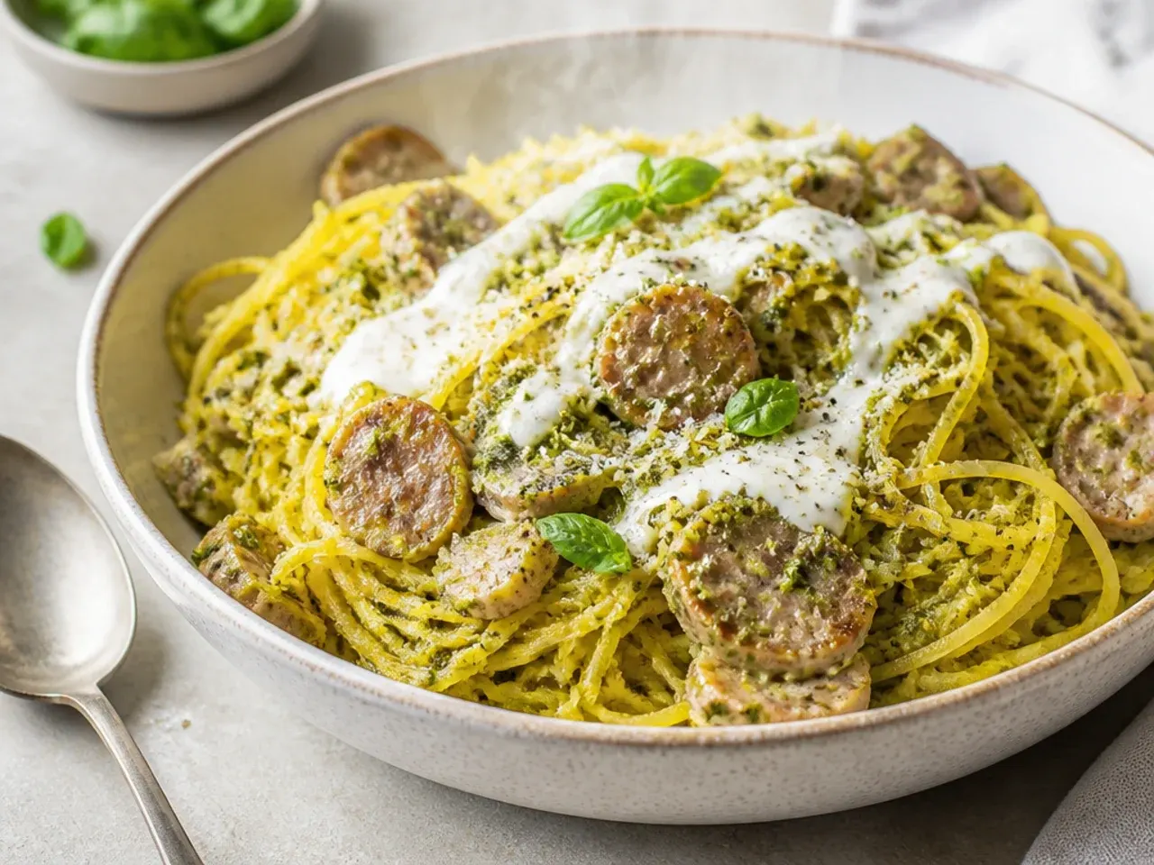 Pesto spaghetti squash with turkey sausage and sun-dried tomatoes.