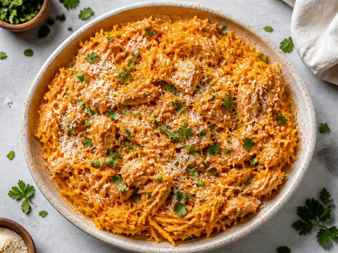 Buffalo chicken spaghetti squash topped with blue cheese crumbles and ranch drizzle.