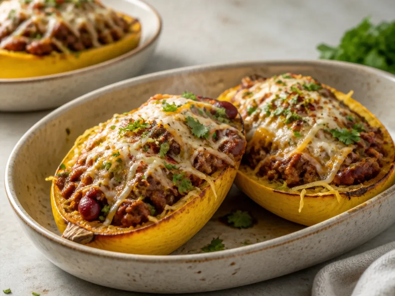 Roasted spaghetti squash boats stuffed with chilli con carne and melted cheddar.