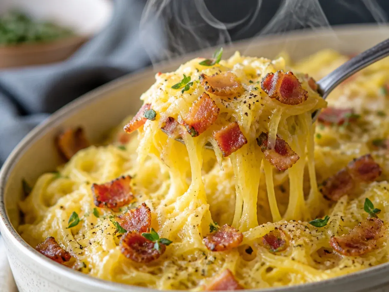 Spaghetti squash carbonara with crispy bacon and a silky egg and Parmesan sauce.