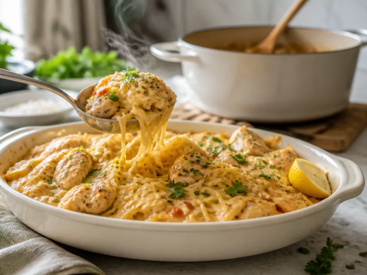 Creamy Cajun chicken spaghetti squash topped with sliced spring onion.