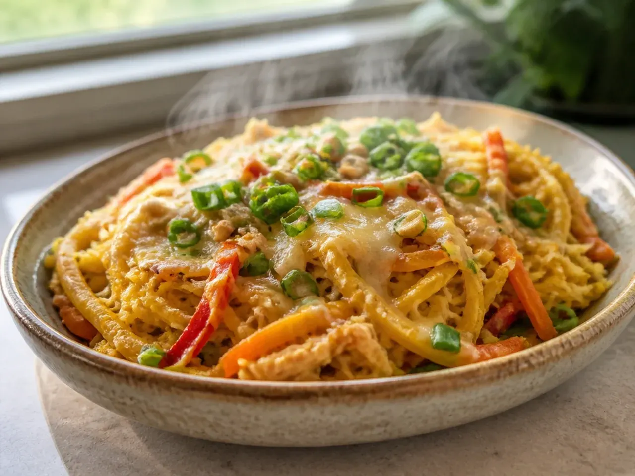 Thai peanut spaghetti squash noodle bowl with shredded carrot and crushed peanuts.