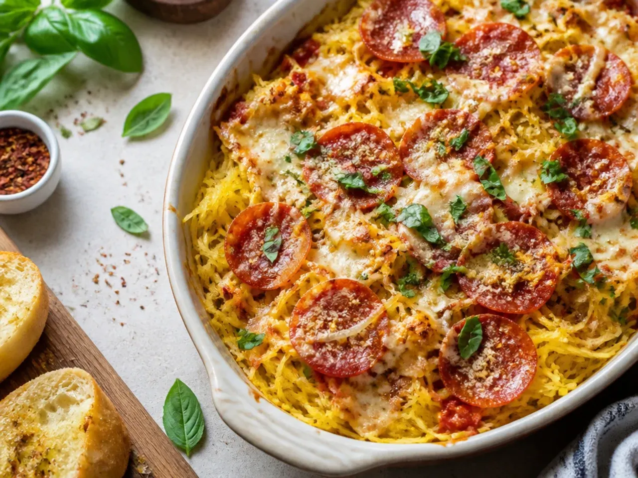 Pizza-style spaghetti squash bake topped with melted mozzarella and crisped pepperoni.