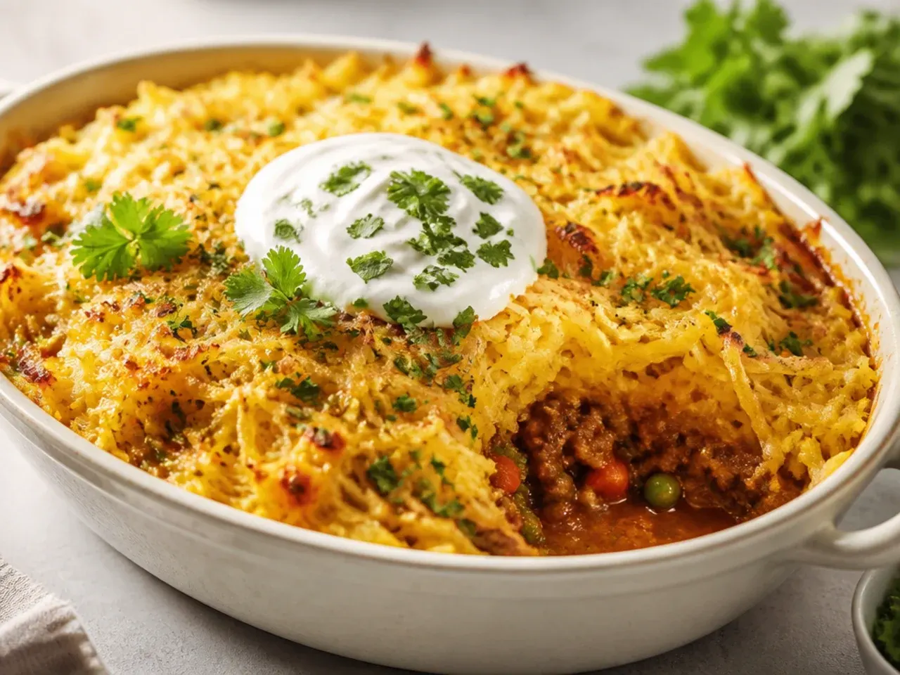 Shepherd's pie with a spaghetti squash topping browned golden in a baking dish.