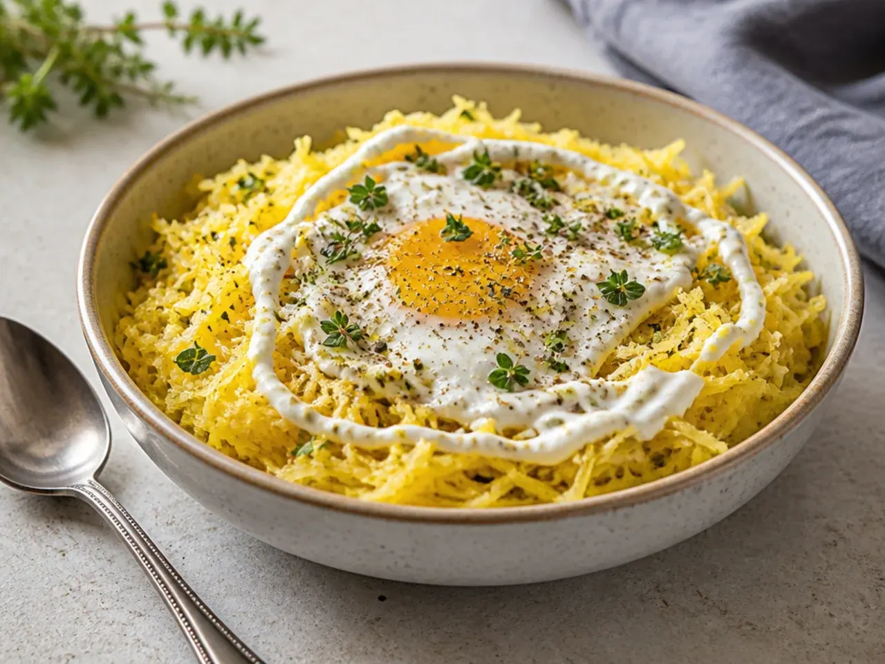 Spaghetti squash breakfast bowl topped with a fried egg and fresh chives.