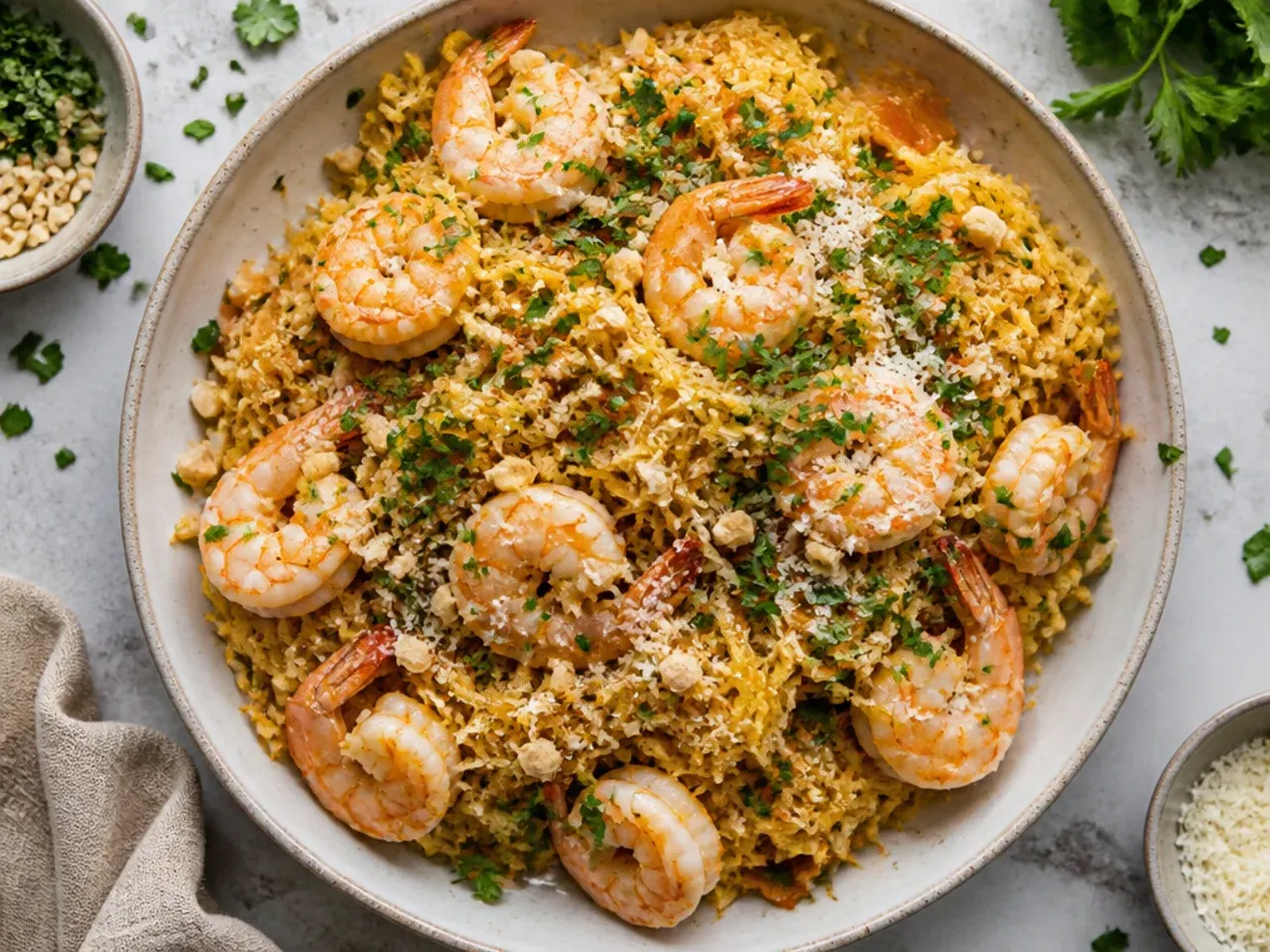 Spaghetti squash pad Thai with shrimp, beansprouts and lime wedges.