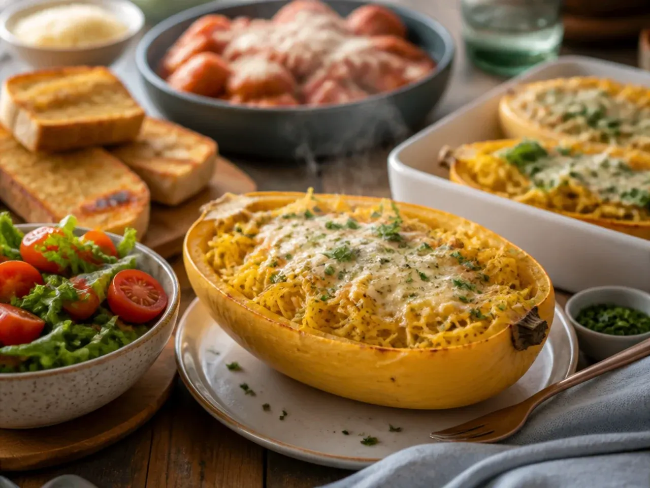 Spaghetti squash dinner served with a green salad and crusty bread on a table.