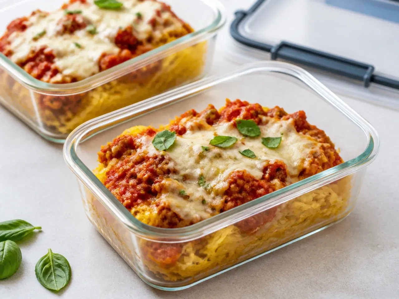 Airtight container of roasted spaghetti squash strands ready for the fridge or freezer.