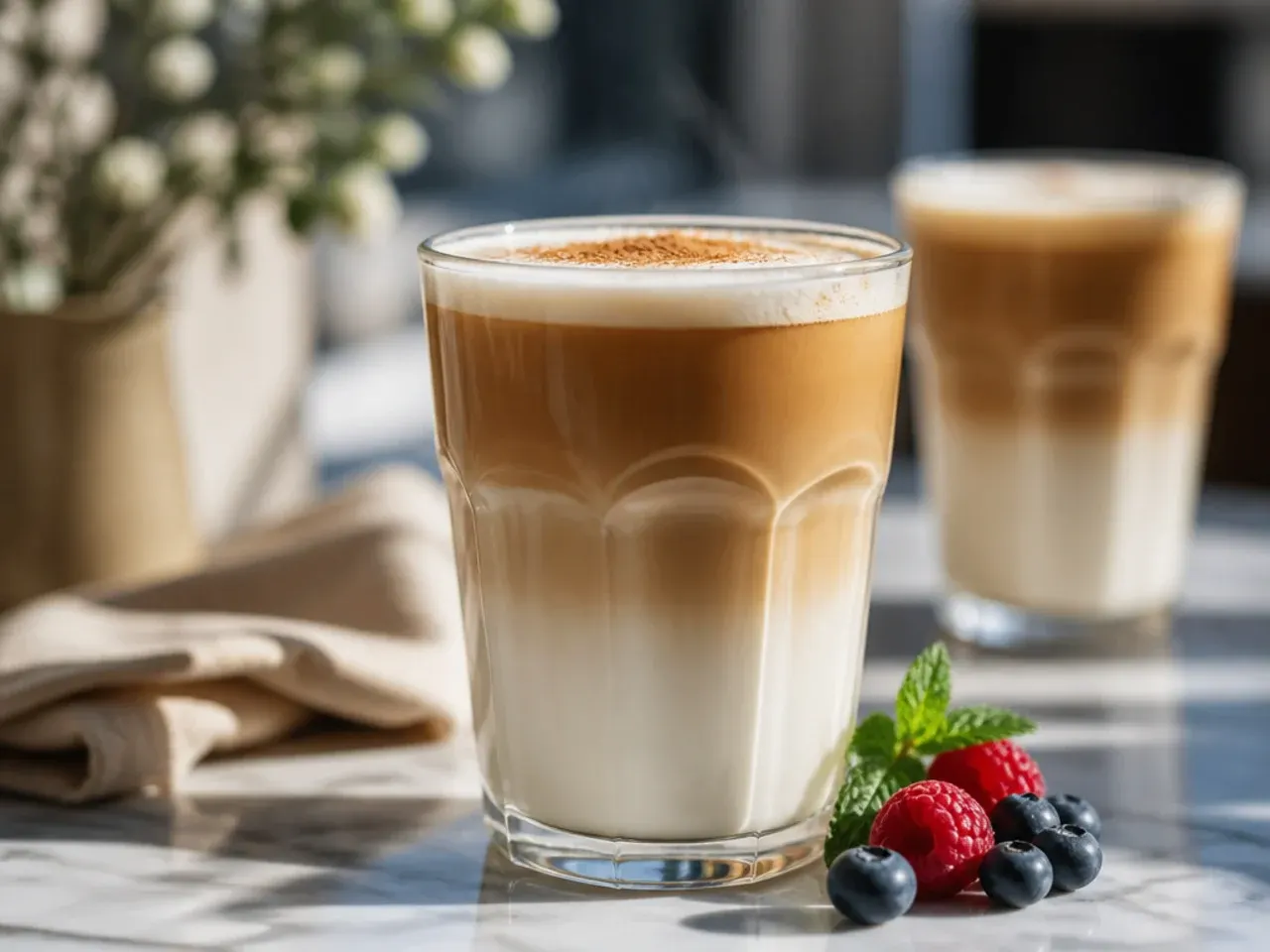 A classic caffè latte in a white mug with a thin layer of milk foam on top