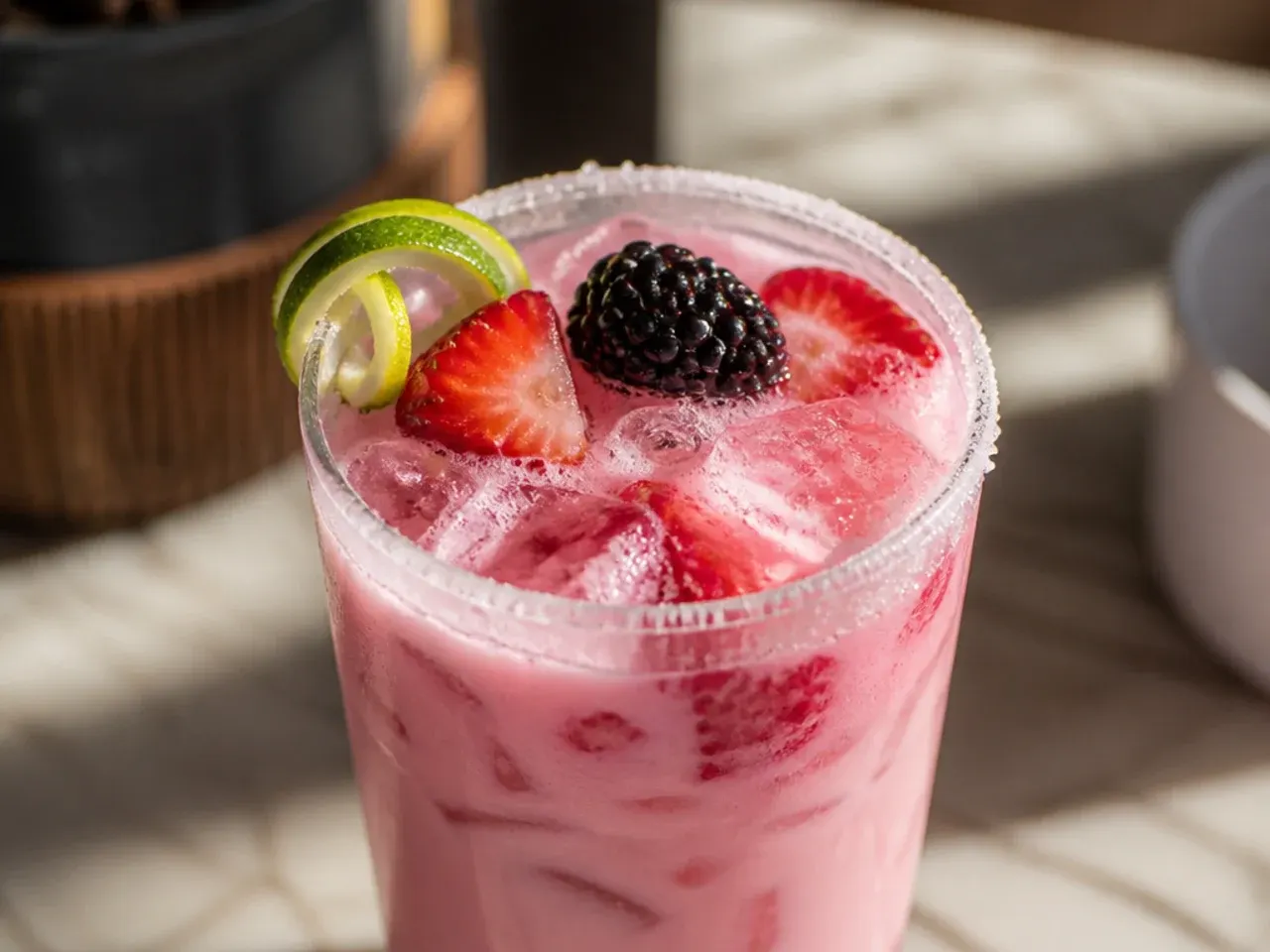 A bright pink homemade copycat Pink Drink with diced strawberries in a clear glass over ice