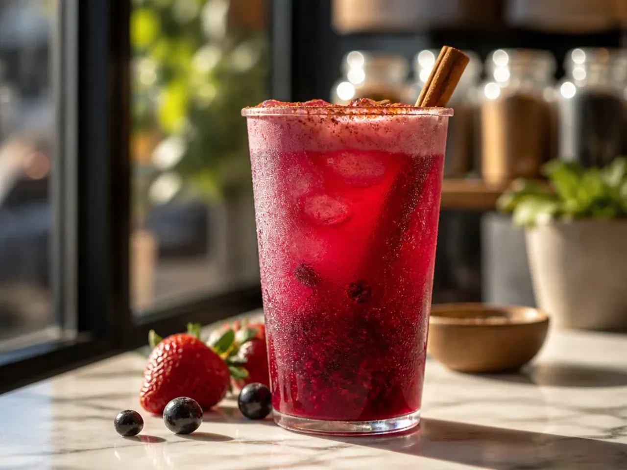 A jewel-toned strawberry açaí refresher over ice with visible strawberry pieces