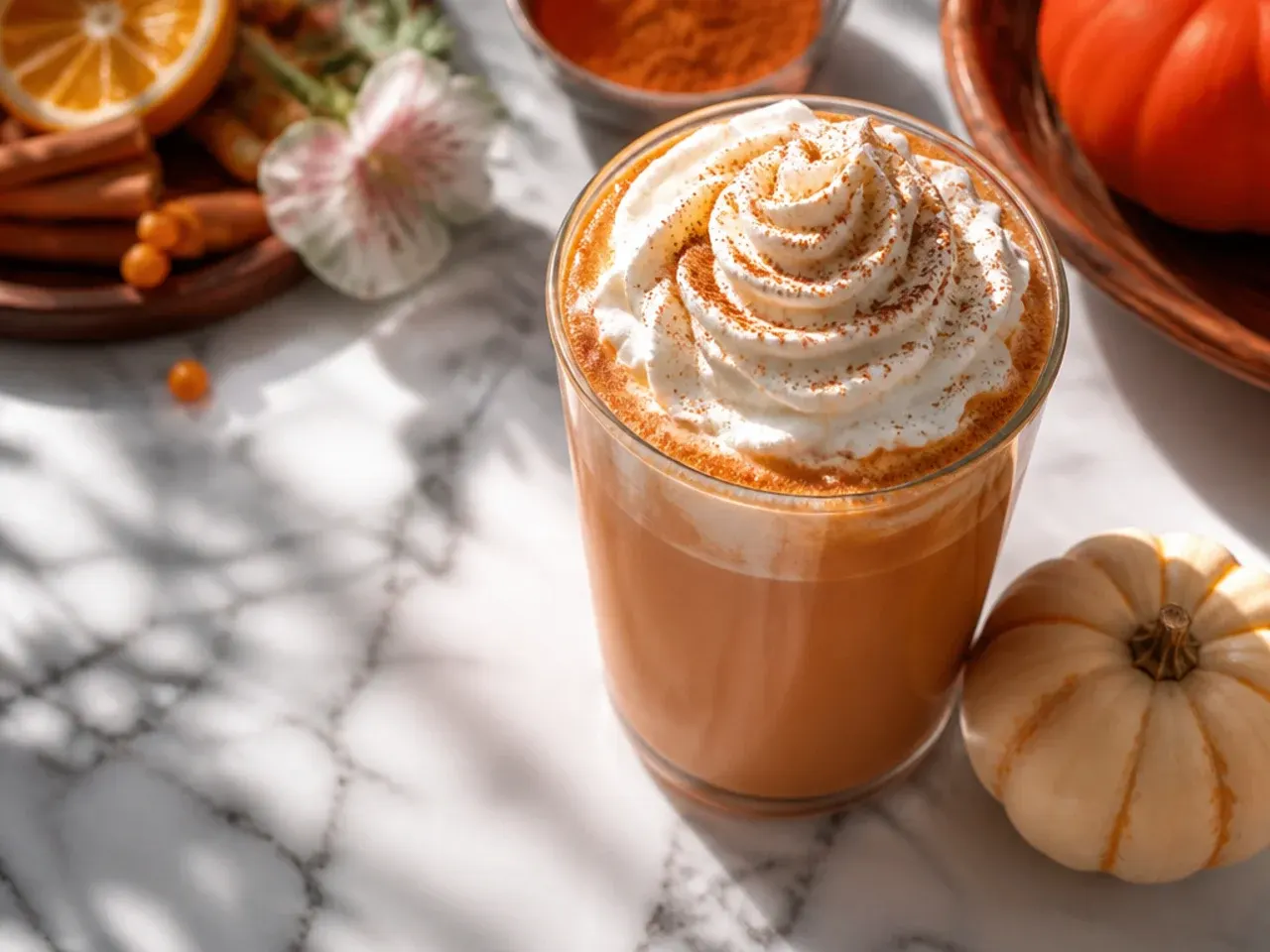 A pumpkin spice latte topped with whipped cream and a dusting of pumpkin pie spice