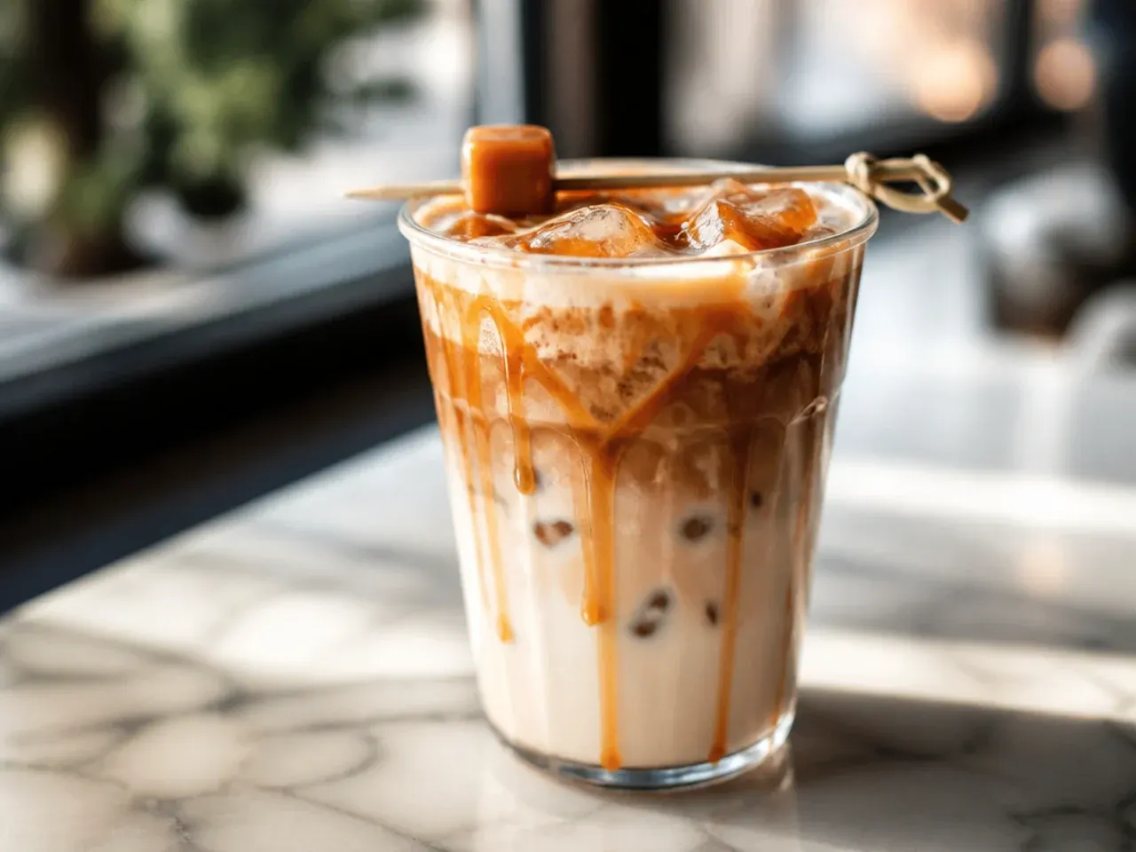 A caramel macchiato with a distinct caramel drizzle crosshatched over the foam
