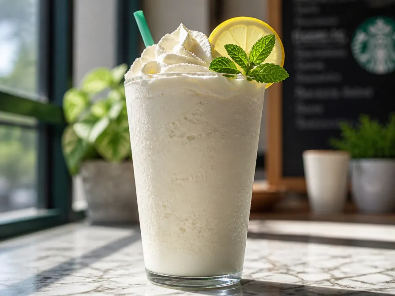 A blended vanilla bean frappuccino topped with whipped cream in a tall glass