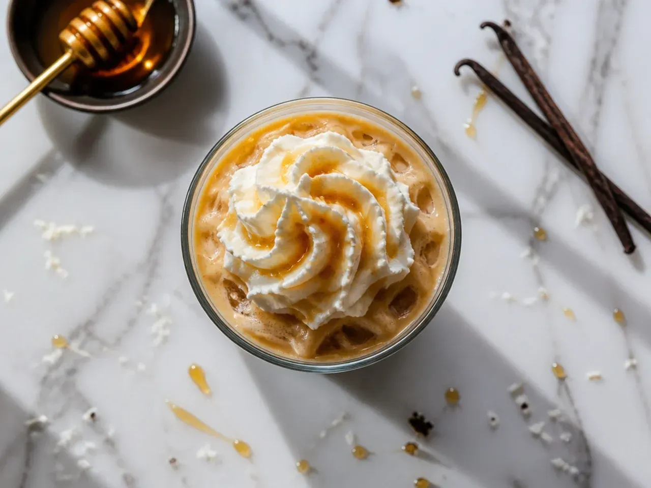 A simple blonde vanilla latte in a glass mug with light-coloured foam