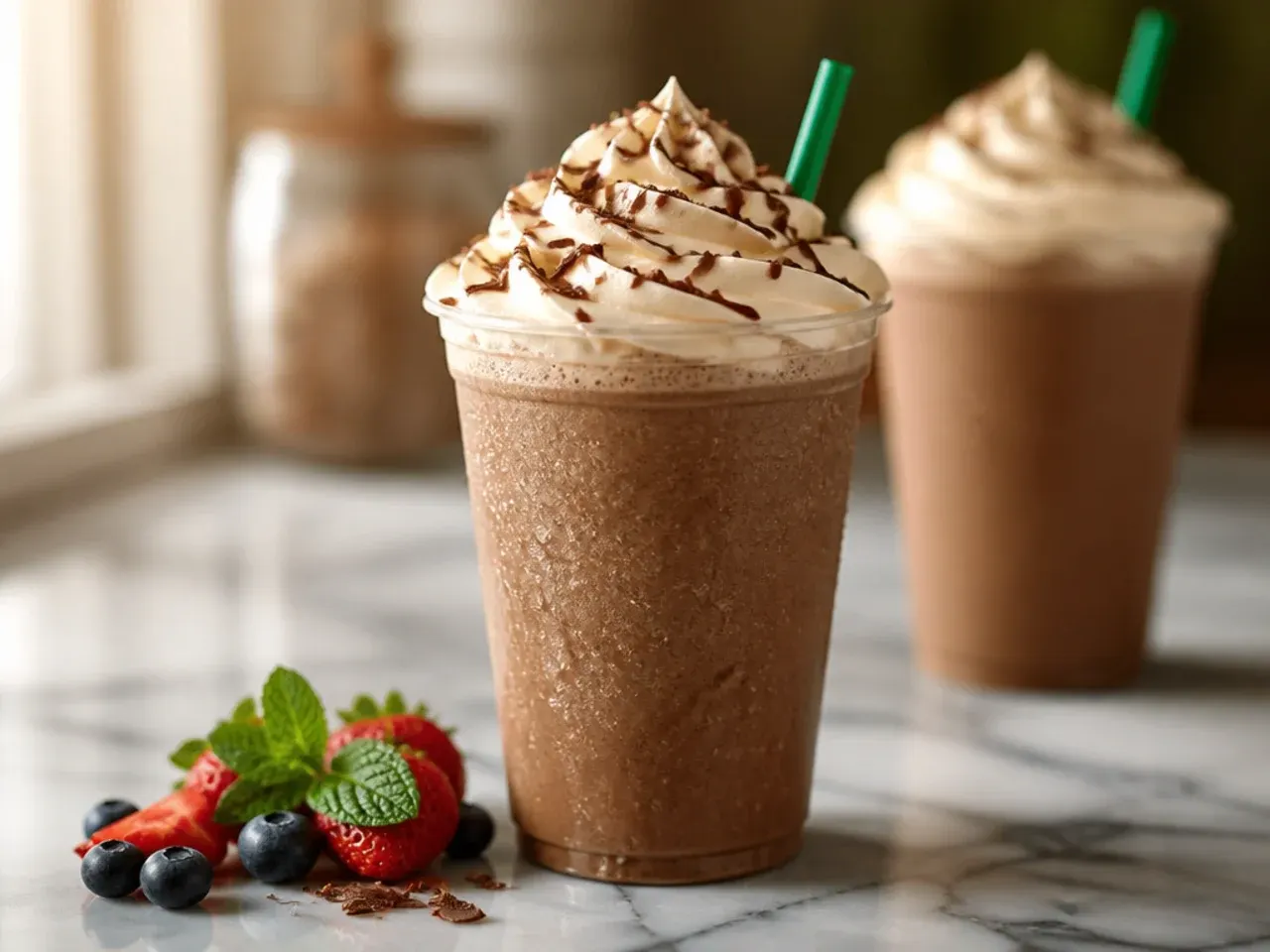 A blended mocha frappuccino with chocolate drizzle down the inside of the glass