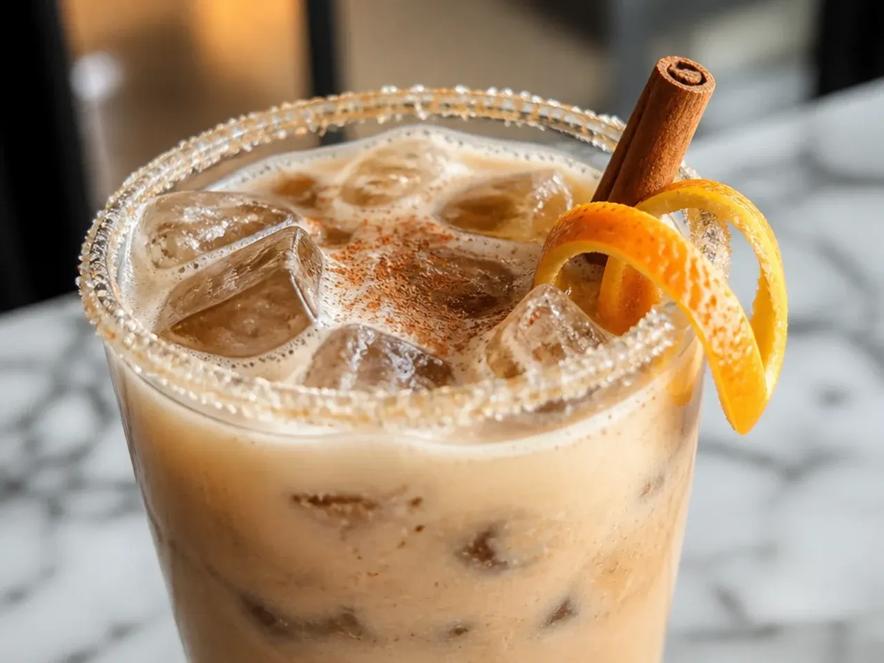 A spiced chai tea latte with visible foam and a dusting of cinnamon