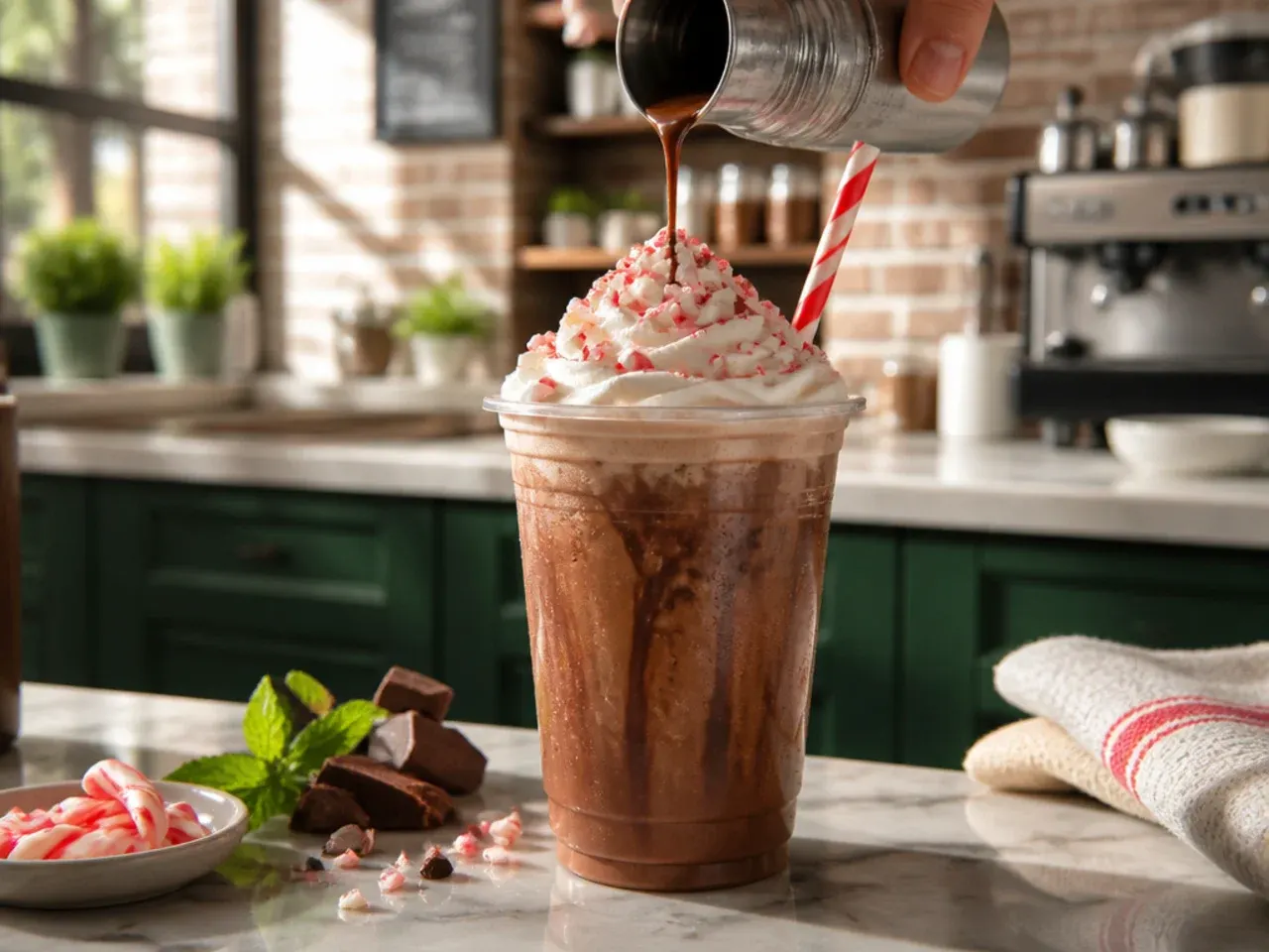 A peppermint mocha topped with whipped cream and crushed candy cane pieces