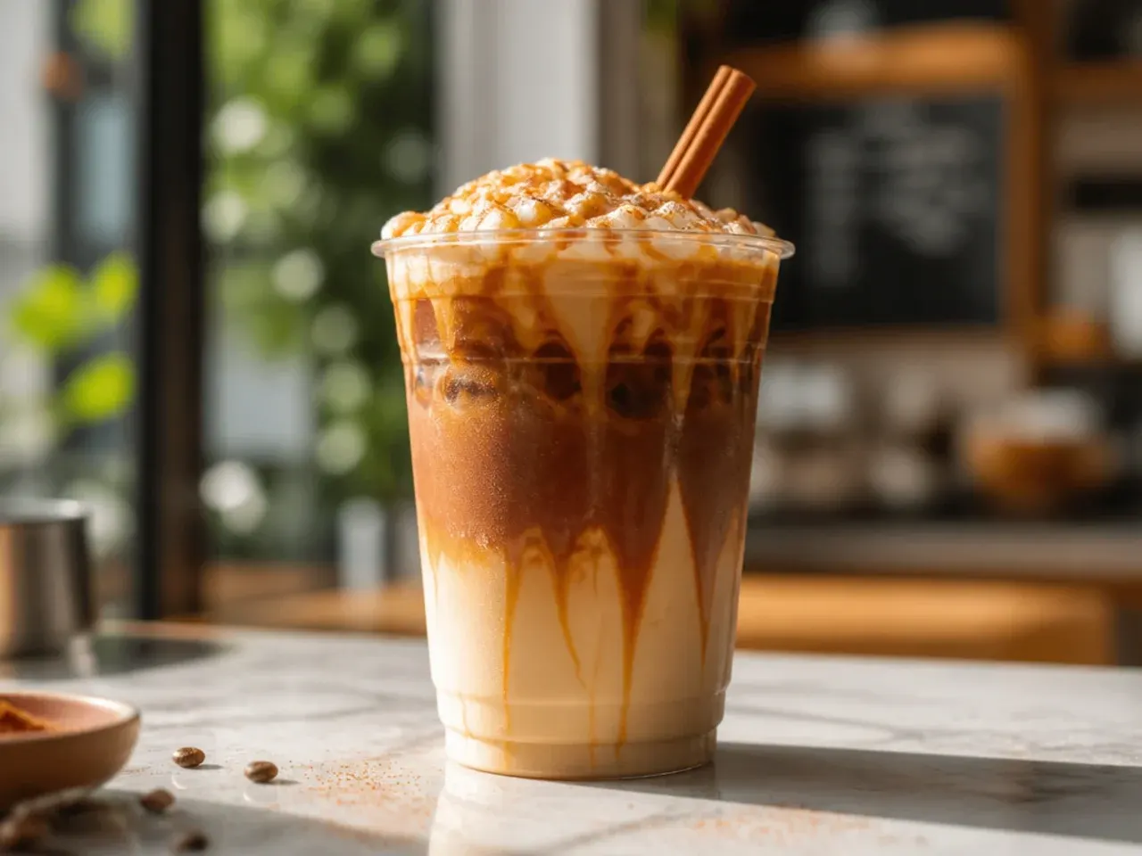 A layered caramel ribbon crunch cold brew with distinct bands of caramel, coffee, and cream