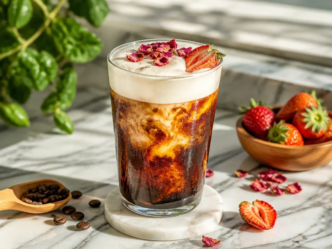 A tall glass of cold brew coffee with a thick layer of vanilla sweet cream cold foam on top