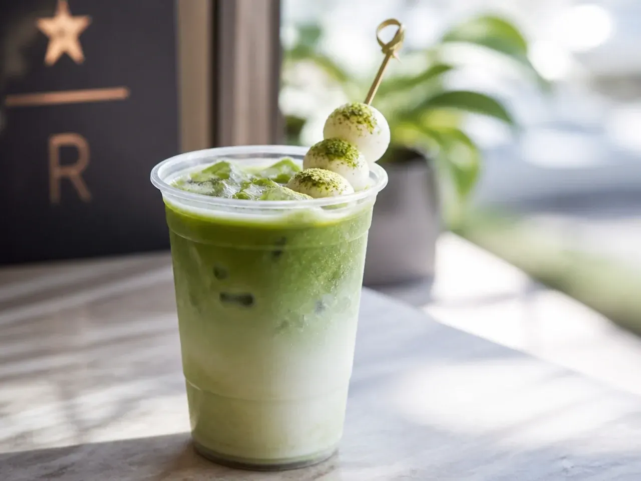 A vibrant green iced matcha latte with distinct layers of matcha and milk