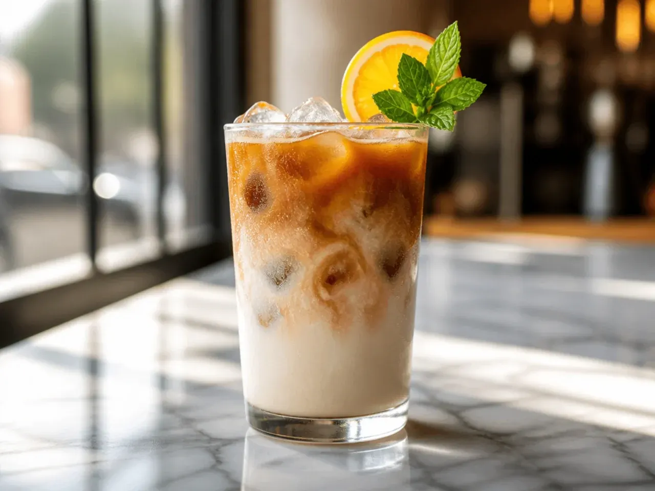 Vanilla sweet cream floating on top of iced cold brew coffee in a clear glass