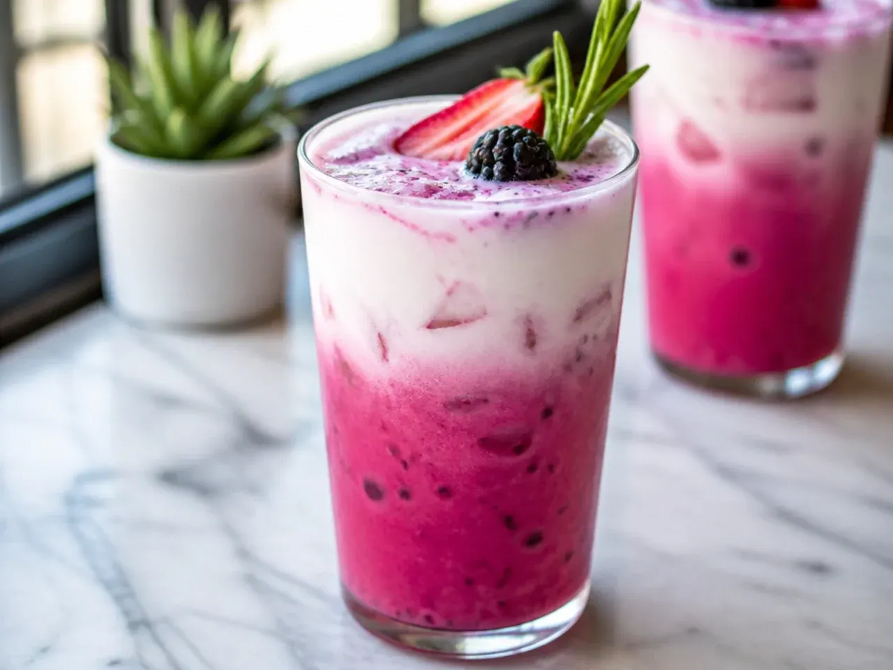 A pink-and-white Dragon Drink copycat with diced dragonfruit pieces over ice