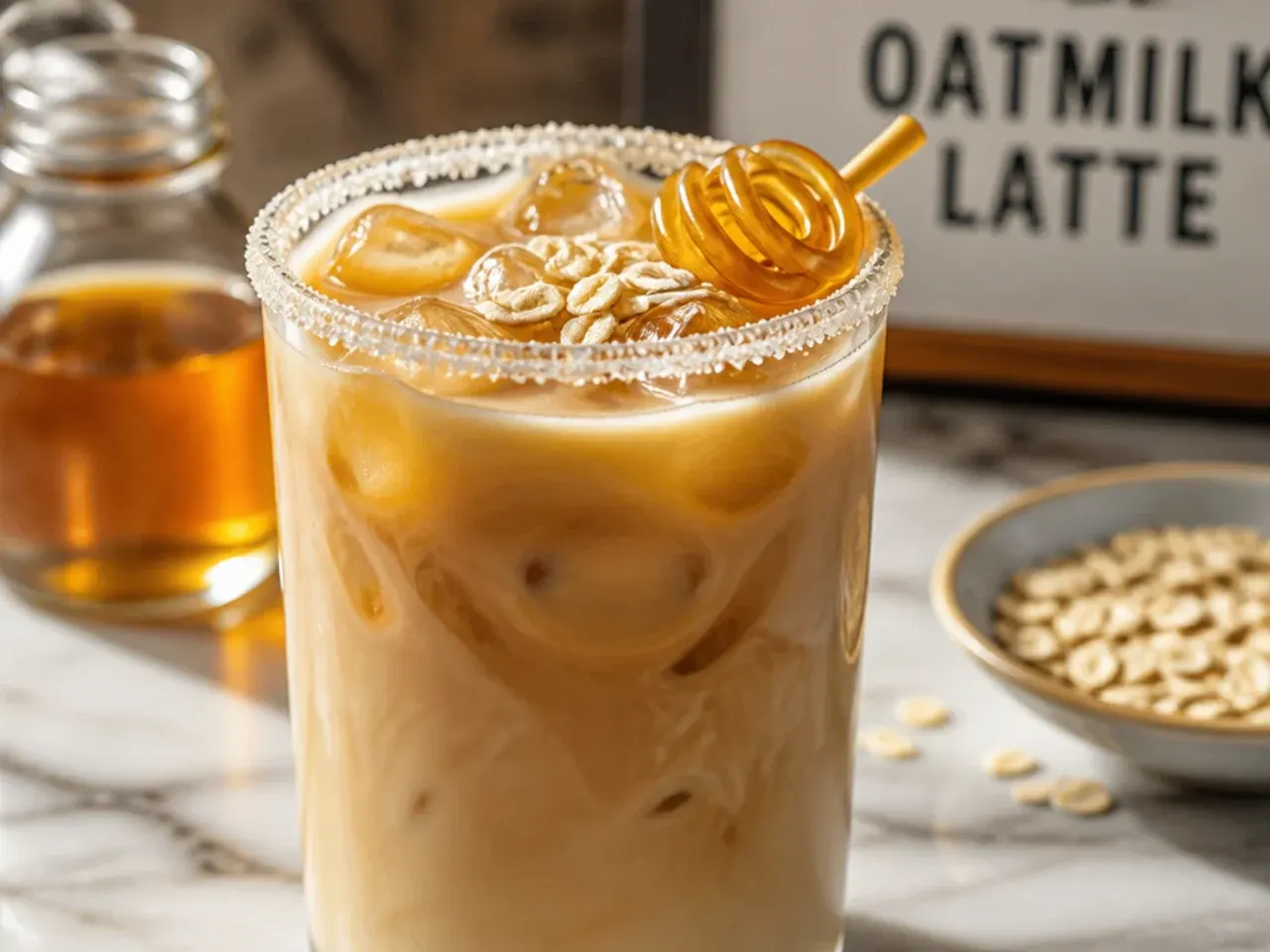 A honey oatmilk latte with light foam in a glass mug