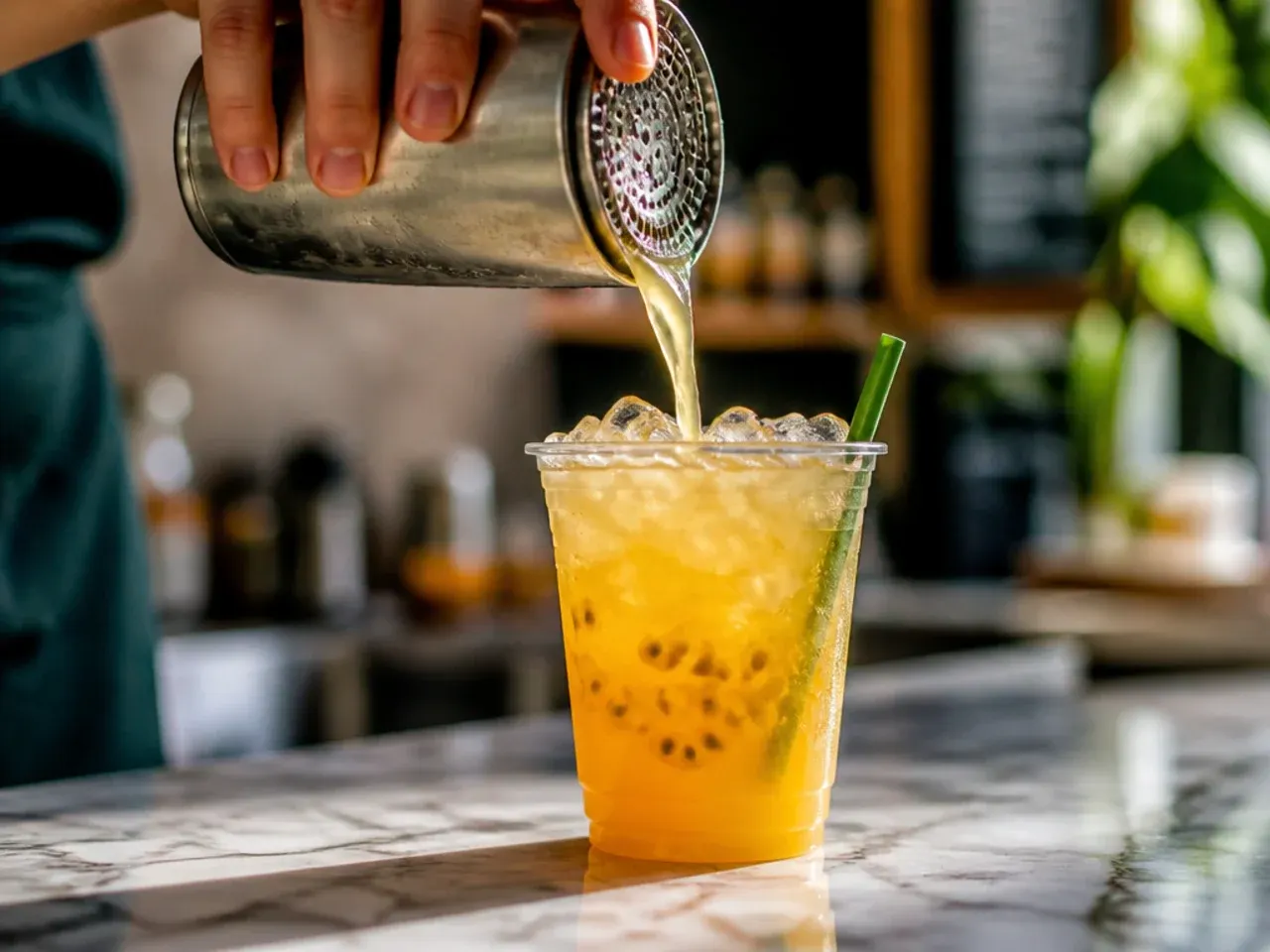 A golden pineapple passionfruit refresher over ice with fresh pineapple pieces