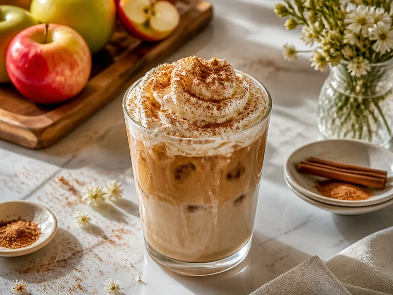 A cinnamon dolce latte topped with whipped cream and cinnamon sugar
