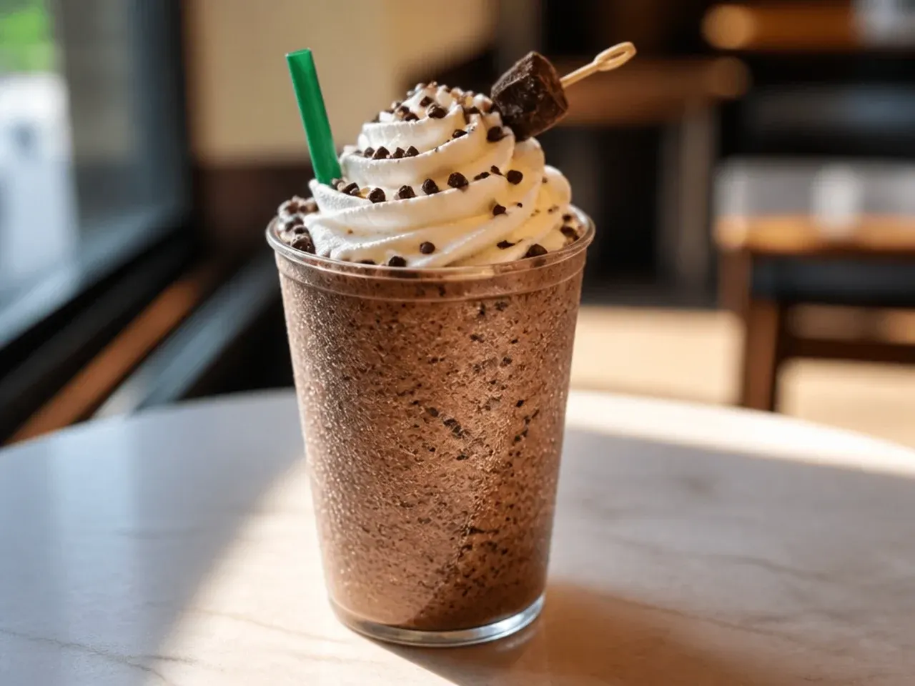 A java chip frappuccino with visible flecks of chocolate throughout